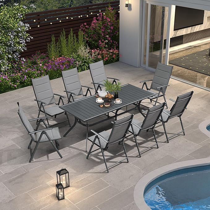 PURPLE LEAF Outdoor Patio Folding Chairs Set of 2, Outdoor Reclining Camping Chairs with Soft Cotton-Padded Seat Adjustable High Backrest Portable Chairs, Grey