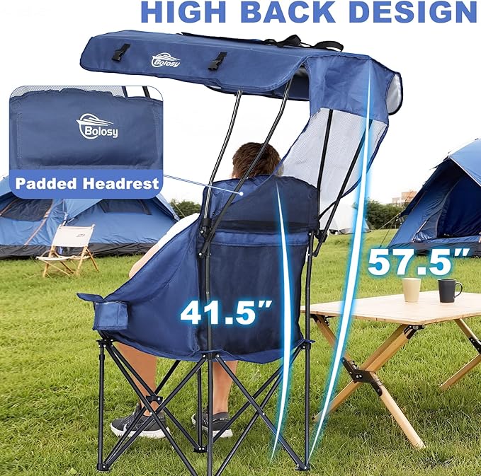 Camping Chair with Canopy Beach Chair with Canopy Shade Oversized Folding Canopy Chair for Camping, Beach, Picnics, Fishing, Sports - High Back, Padded Headrest, Cup Holder, Pocket - Support 400 LBS