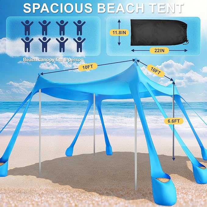Beach Tent Sun Shelter UPF 50+,10x10 FT Beach Canopy Tent Sun Shade,Pop Up Beach Canopy with 8 Sandbags, Outdoor Beach Shade for Camping Trips, Fishing, Backyard Fun Picnics (Sky Blue)