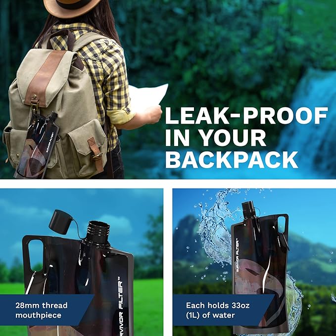 Survivor Filter Clear Collapsible Water Bottles - Travel, Hiking, Foldable, BPA-Free - 2 x