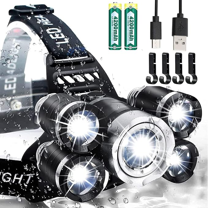 USB Rechargeable Headlamp 12000 Lumen Ultra Bright LED Work Headlight, 4 Modes Waterproof Head Lamp Best Headlamps for Adults, Camping, Outdoors & Hard Hat Work Zoomable Headlight (Sliver)