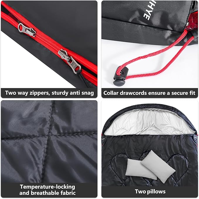 ShinHye Double Sleeping Bag for Adults with 2 Pillows, Camping Sleeping Bags Flannel Cotton 2 Person Sleeping Bags XXL Queen Size Sleeping Bag for Cold Weather