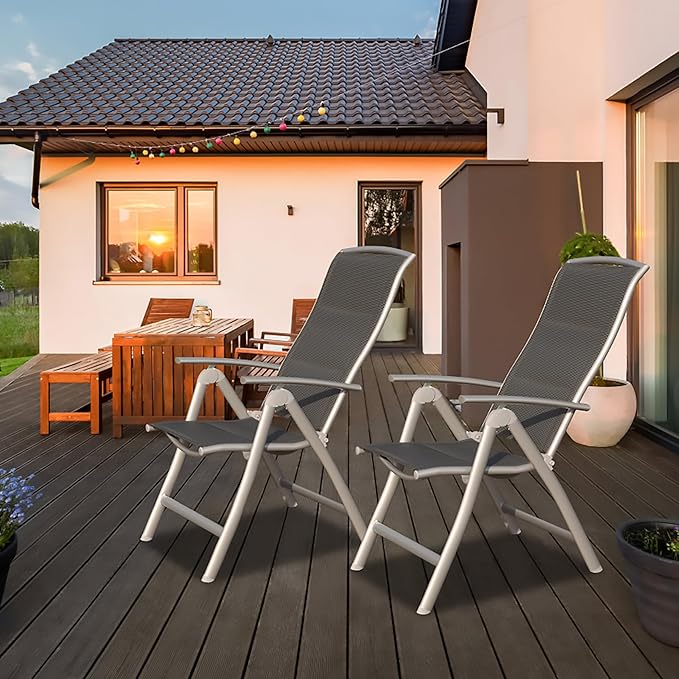 Domi Patio Folding Chairs Set of 2, Aluminium Frame Outdoor Reclining Patio Chairs for Garden Camping Poolside Beach Deck, Adjustable High Back Lawn Chairs with Soft Cotton-Padded Seat, Dark Gray
