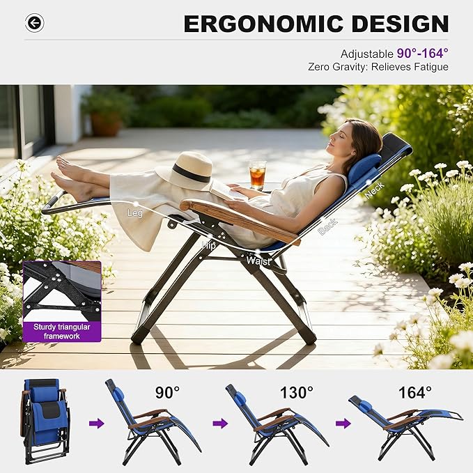 PURPLE LEAF Oversized Outdoor Reclining Chair Patio Zero Gravity Chaise Lounge Folding Chair with Quilted Cushion Adjustable Headrest for Lawn Camping Beach Pool Navy Blue and Black