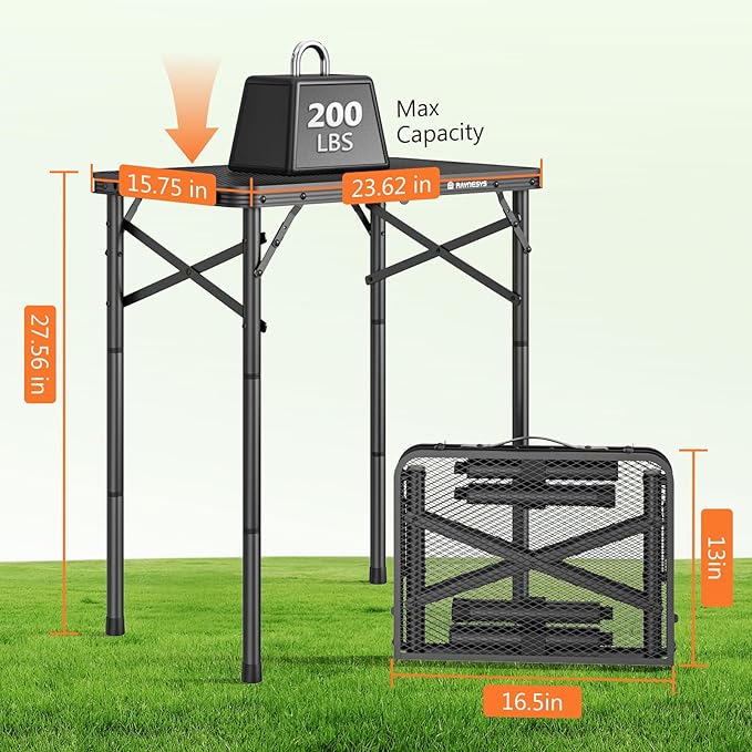 Folding Grill Table for Outside, 3 Height Adjustable Small Camping Table with Mesh Bag, Metal Aluminum Folding Table, 23.62 x 15.75 inches, Portable Grill Stand for Picnic, Camping, BBQ, Beach, Black