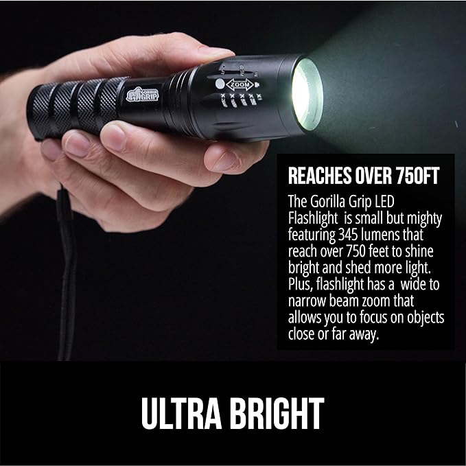 GORILLA GRIP Powerful LED Tactical Flashlight, 750 FT High Lumens 5 Adjustable Modes, Water Resistant, Ultra Bright Zoom Flashlights, Small Mini Flash Light, Camping, Night Dog Walking, Black
