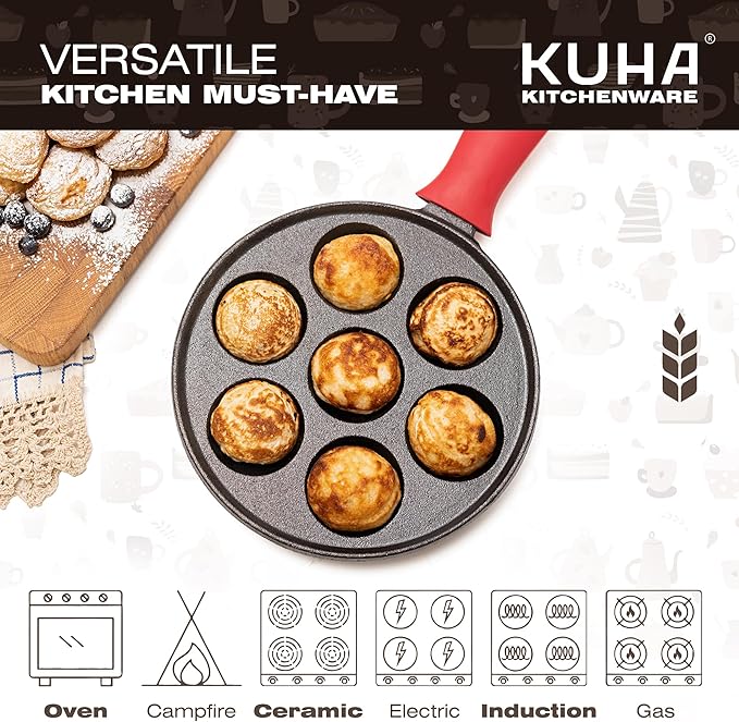 KUHA Cast Iron Aebleskiver Pan – Authentic Danish Pancake Maker for Aebleskiver, Poffertjes, Takoyaki, Appam, Kuli Paniyaram – Pre-Seasoned Cast Iron for Gas & Electric Stovetops & Campfire