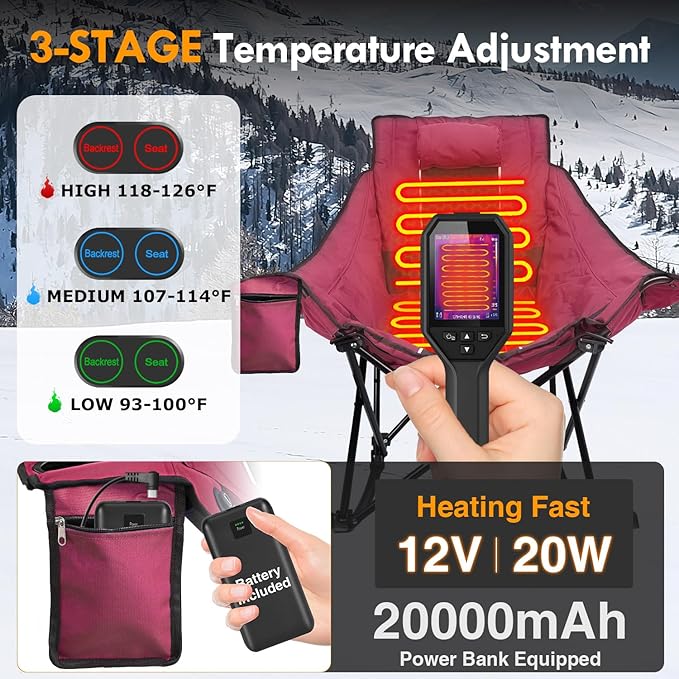 Slendor Oversized Heated Camping Chair with 2000mAh Battery, Padded & Pillow Heated Rocking Chair, 3 Adjustable Heat Settings Camping Rocker Chair for Easy Setup and Foldable Storage
