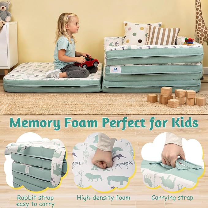 Toddler Travel Bed,Bunny-Shaped 3-in-1 Foldable Toddler Bed for Kids, Portable Toddler Cot with Washable Covers Soft Foam Raised Bumper for Naps,Lounger,and Little Sofa