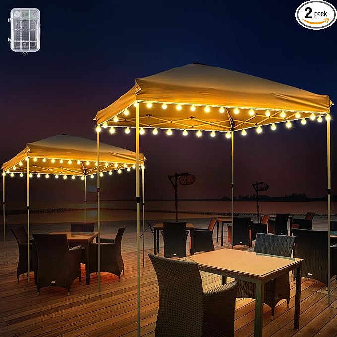 2 Pack LED Canopy Lights, 40ft 80LED Battery Powered Canopy Tent Lights Outdoor with 8 Modes, Warm White Canopy String Light for 10' x 10' Pop up Canopy Tent