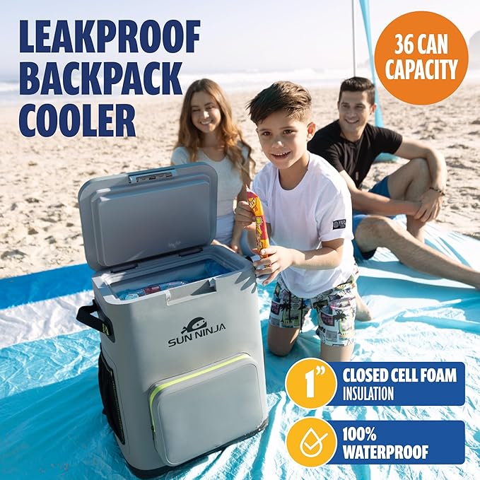 SUN NINJA Cooler Backpack Bundle with Microfiber Beach Towel, Trucker Hat, 48-Hour Cooling, Leakproof, Waterproof, Sand-Free, Quick-Dry - Outdoor Adventure Kit