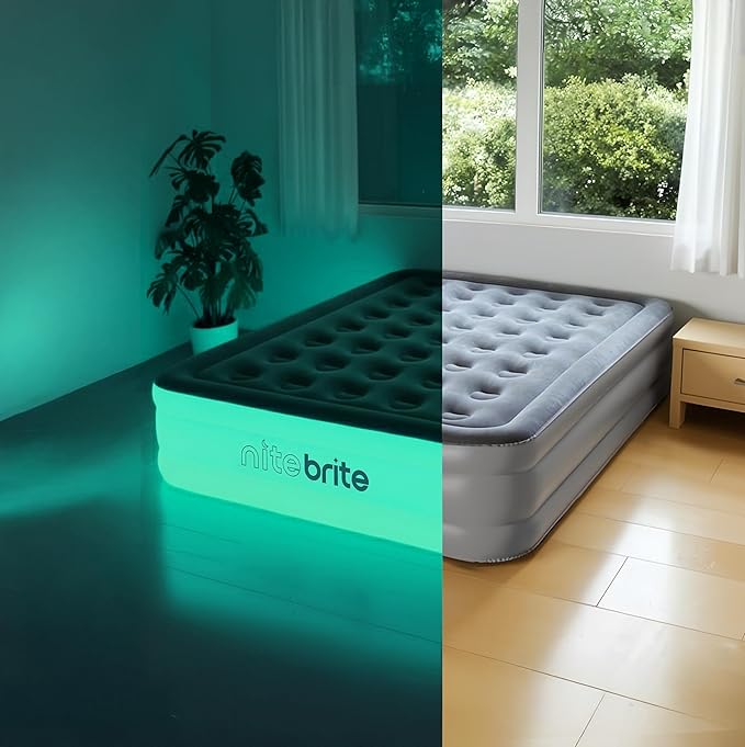 AirCandy Nite Brite Queen Inflatable Air Mattress with LED Lights – 15” Raised Blow Up Bed, USB Powered Color-Changing Glow, Flocked Top, Indoor Guest & Sleepover Bed