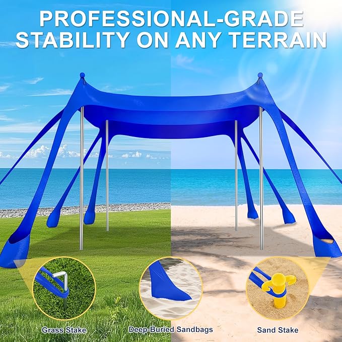 Beach Tent Sun Shelter UPF 50+,10x10 FT Beach Canopy Tent Sun Shade,Pop Up Beach Canopy with 8 Sandbags,Outdoor Beach Shade for Camping Trips, Fishing, Backyard Fun Picnics (Royal Blue)