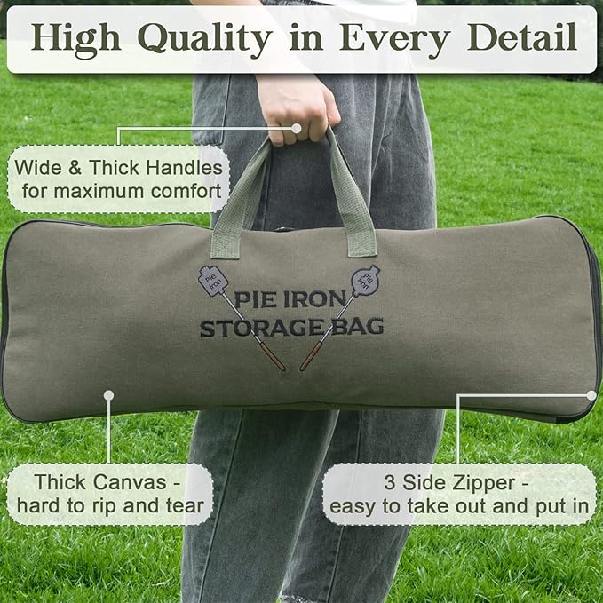 Deluxe Pie Iron Bag for Mountain Pie Maker Cast Iron Storage Fits up to 4, Heavy Duty Padding with Extra Pocket for Campfire Accessories, Strong Straps to Secure, Camping Storage Bag 32×12in