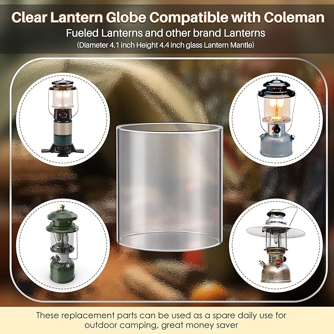 Propane Lantern Globe Glass Replacement Compatible with Coleman Fueled Lanterns, Standard Replacement Parts, Clear Lantern Mantles, Reusable Lantern Mantles Parts for Outdoor Camping Lantern