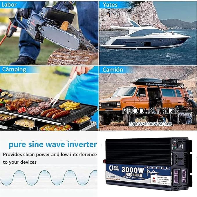 3000W 4000W 5000W Pure Sine Car Inverter Power Voltage Converter DC 12V/24V/48V/60V/72V to 110V / 220V 230V AC Pure Sine Wave Inverter Transformer Converter for Camping RV (Color : 12Vto220V, Size :