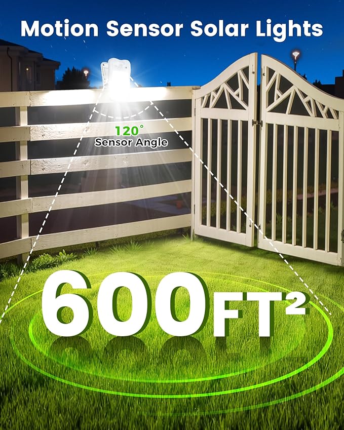 Clip on Solar Lights for Fence, 3 Modes Solar Motion Lights Outdoor Waterproof, 60LEDs 500LM Portable Security Light for Fence, Deck, Garage, Camping, USB Charging, 2 White