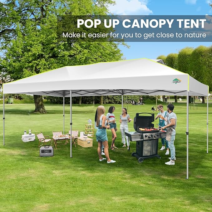 COBIZI 10x20 Pop Up Canopy Tent, Outdoor Party Tent with 6 Sidewall One Push Setup Glow, 3 Adjustable Height Air Vent Waterproof UPF50+, Bag, 4 Sandbag, 6 Stake, 12 Rope for Beach, Commercial