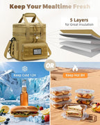 Tactical Lunch Bag & Lunch Box for Men - Large Double Deck Expandable Insulated Soft Adult Lunchbox for Work - Cooler Bag for Beach, Picnic, Camping,Outdoor，Travel (Brown,16L)