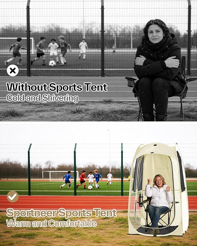 Sportneer Clear Sport Tent, 1 Person Transparent Outdoor Pop-Up Tent, Lightweight & Portable Weather Shelter for Parents, Windproof Cold Weather Protection, Rain Shield for Sports Events & Sidelines