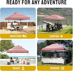 CROWN SHADES 10x10 Pop Up Canopy - Beach Tent with One Push Setup - Easy Outdoor Sun Shade for Events, Parties, Camping - Gazebo with STO-N-Go Cover Bag, Silver Coated Top, Red Strips