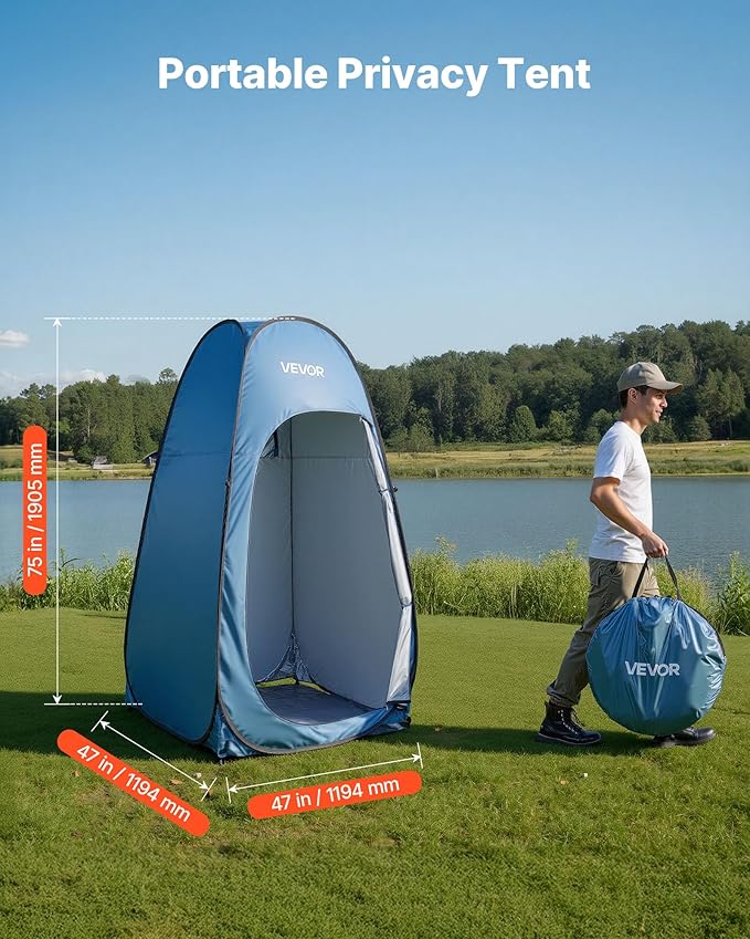 VEVOR Pop up Shower Tent, Instant Portable Privacy Tent Changing Room with Shower Bag, Ground Stakes, Ropes, Carry Bag, 190T Polyester with Silver Coating, Quick Setup, for Camping, Beach, Fishing