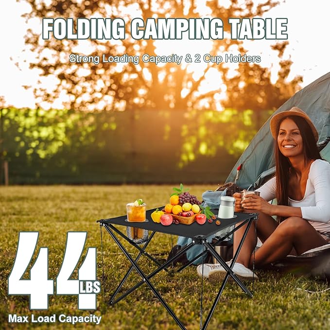 Folding Camping Table with 2 Cup Holders, Portable Picnic Table 600D Oxford Fabric, Lightweight Beach Table with Carrying Bag for Outdoor, Camping, Picnic, Beach, BBQ