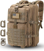 MOLLE Assault Pack, Tactical Backpack Military Army Camping Rucksack, 3-Day Pack Trip w/USA Flag Patch, D-Rings, Coyote