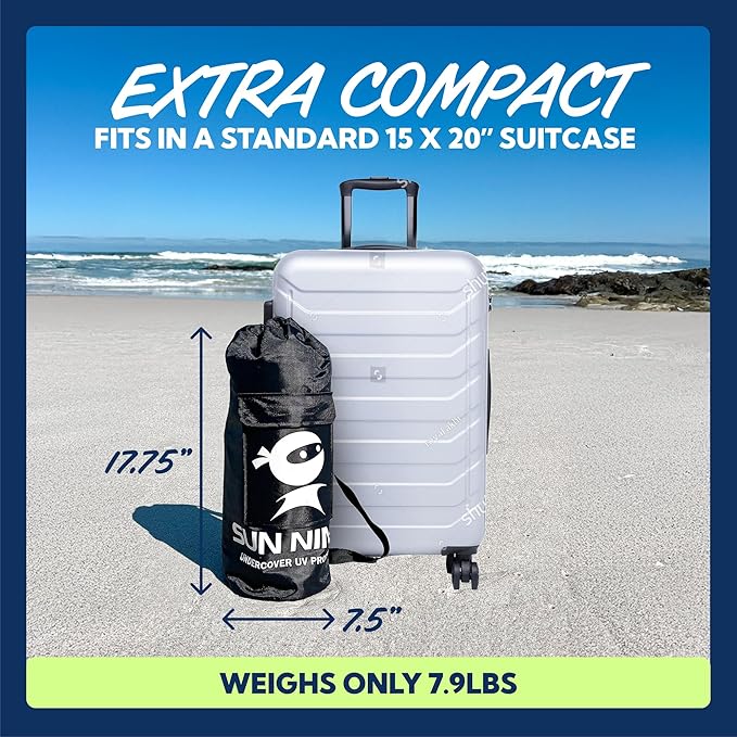 Sun Ninja Beach Tent Sun Shelter UPF50+ - Easy Pop Up Beach Canopy - Outdoor Shade for Camping Trips, Fishing, Backyard Fun Picnics - Sand Shovel, Ground Pegs & Stability Poles