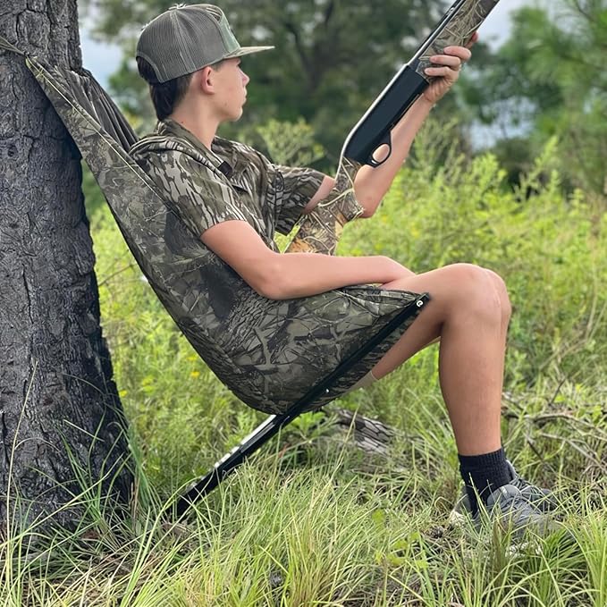 Low Down Hunting Tree Seat, Adjustable Height (16-28IN) Portable Folding Tree Seat, Silent Swivel 180° Pivot Outdoors Hammock Seat, Hunting Hammock for Turkey Deer Ground Camping Shooting