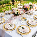 Rtteri 50 Pcs 13 Inch Charger Plates Bulk, Plastic Charger Plates with Floral Reef Design, Round Ruffled Rim Decorative Dinner Tableware for Wedding, Party, Event Table Decor(Light Gold)