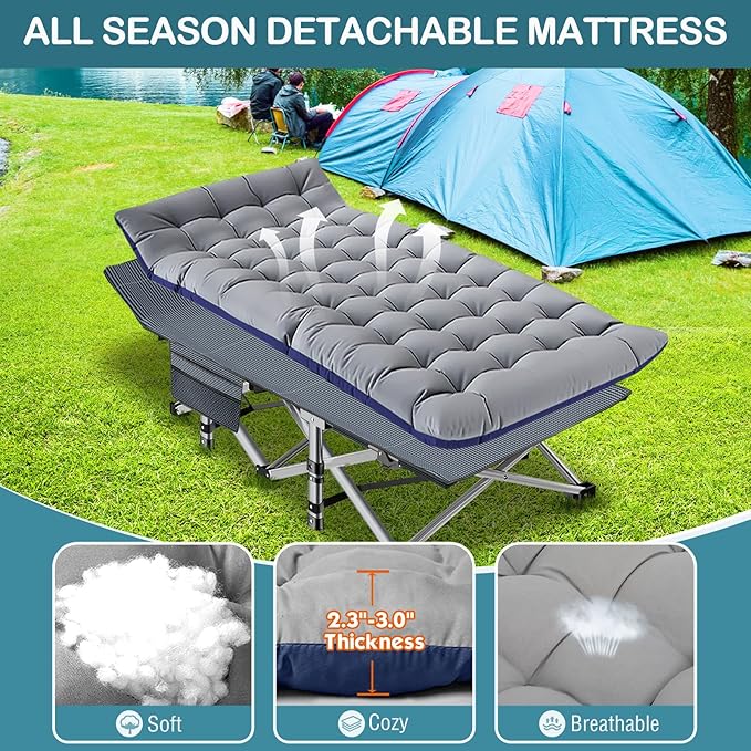 NAIZEA Folding Camping Cots for Adults, Folding Cot with Mattress, Camping Foldable Bed, Portable Military Cot, Double Layer Oxford Strong Heavy Duty Sleeping Cots w/Carry Bag for Camp Office Travel