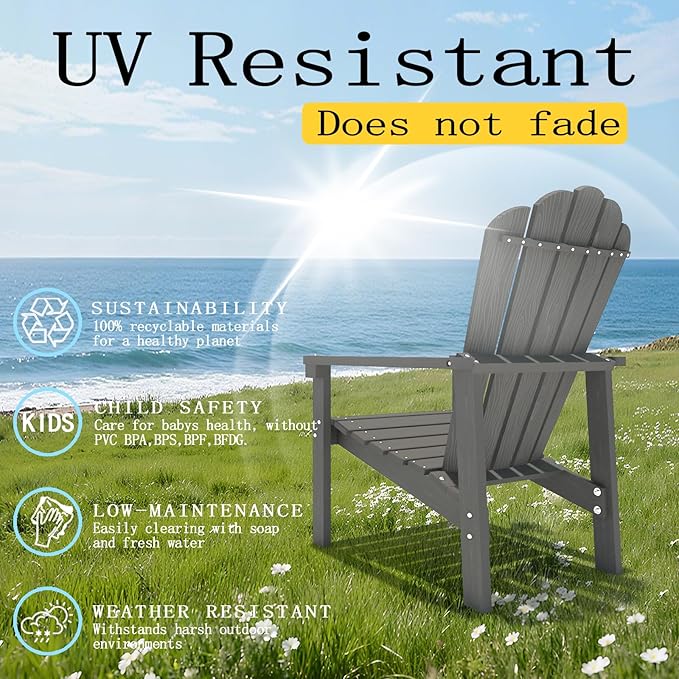 Stackable Adirondack Chair Set of 8, HDPE All-Weather Adirondack Chairs - Durable and Space Saving, Plastic Outdoor Fire Pit Chairs with Cup Holder,Grey