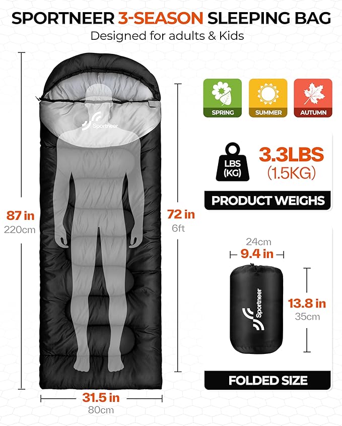 Sportneer Sleeping Bag for Adults & Kids, Cold Weather & Warm Waterproof Camping Sleeping Bag, Compact Portable for Camping Hiking & Travel