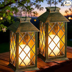 Solar Lanterns Outdoor Waterproof, 2 Pack Glass Hanging Solar Lights with Flickering Flameless Candle, Outdoor Lanterns for Patio Wall Porch Table Garden Yard Tree, Gift for Women Mom - Bronze