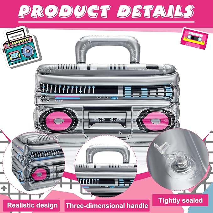 Cunhill 2 Pieces Inflatable Boom Box Beverage Cooler Summer 80s 90s Theme Party Decorations Inflatable Cooler Radio Blow up Boom Box Birthday Drink Favors for Retro Nightclub Party Hip Hop Supplies