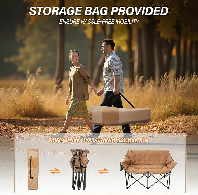 Fuzzy Oversized Folding Double Camping Chairs,Heavy Duty Supports 600 Lbs,Comfy Portable Loveseat for Adults w/Mesh Pocket,Plush Fleece-Lined Lawn Couch for Outdoor/Indoor,Light Moca