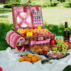 Wicker Picnic Basket for 4 with Waterproof Picnic Blanket and Insulated Cooler, Willow Hamper for Camping, Outdoors, Photoshoot, or a Birthday, Valentine’s Day, Wedding Gift, Pink
