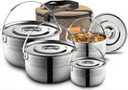 Camping Cookware Set - Compact Stainless Steel Campfire Cooking Pots and Pans | Combo Kit with Travel Tote Bag | Rugged Outdoor Cook Set for Hiking | Barbecues | Beach
