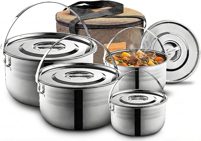 Camping Cookware Set - Compact Stainless Steel Campfire Cooking Pots and Pans | Combo Kit with Travel Tote Bag | Rugged Outdoor Cook Set for Hiking | Barbecues | Beach