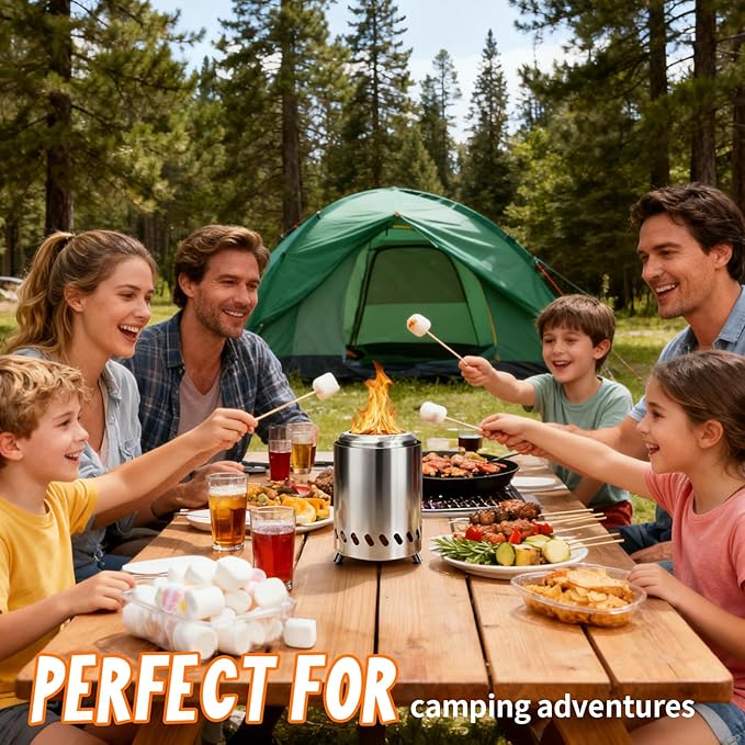 Tabletop Fire Pit by AmazStove, Low Smoke Camping Stove for Outdoor Safe Burning Firepits, Mini Fire Pit, Fueled Pellets or Wood, Travel Bag Included (8.0 x 5.8 INCH-Silver)