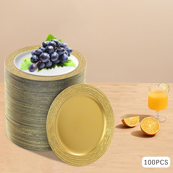 100 PCS Antique Charger Plates Bulk, 13'' Plastic Embossed Dinner Plate Chargers Round Floral Plates for Wedding Decorative Chargers for Table Dinner Kitchen Party Decoration (Golden)