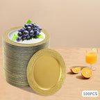 100 PCS Antique Charger Plates Bulk, 13'' Plastic Embossed Dinner Plate Chargers Round Floral Plates for Wedding Decorative Chargers for Table Dinner Kitchen Party Decoration (Golden)