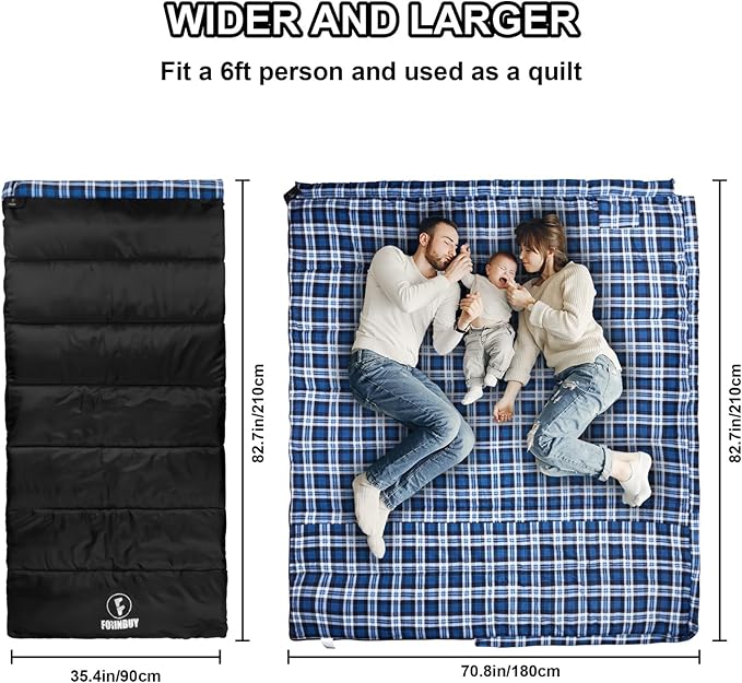Flannel Sleeping Bag Cold Weather for Adults XL Camping Cotton Sleeping Bag 4 Season Big and Tall, Waterproof with Compression Sack
