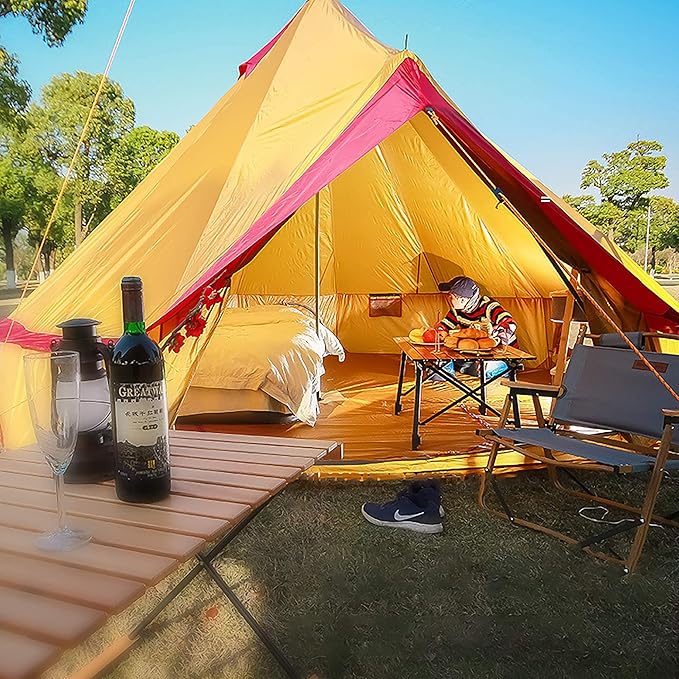Round Bell Tent, 4m Bell Tent with Zippered Mesh Door and Windows Outdoor Waterproof Large Tent Canvas Yurt Tent 3-10 Persons Family Camping Tent Glamping,Portable Foldable Tent Easy to Install