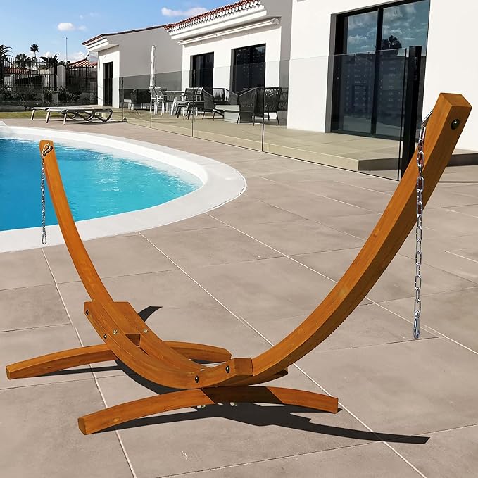 Lazy Daze Hammocks 13 FT Outdoor Arc Wood Hammock Stand, 2 Person Hard Pine Wood Hammock Stand with Carabiners and Chains for Indoor Outdoor Patio Garden Yard Poolside, 500lb Capacity, Brown