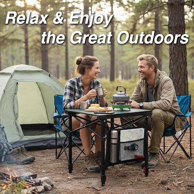 Portable Camping Table with Adjustable Height, Lightweight Aluminum Roll Top Folding Camp Table with Storage Pockets & Dual-Compartment Bag, Heat-Resistant, for RV, Picnic, BBQ, Outdoor (M)