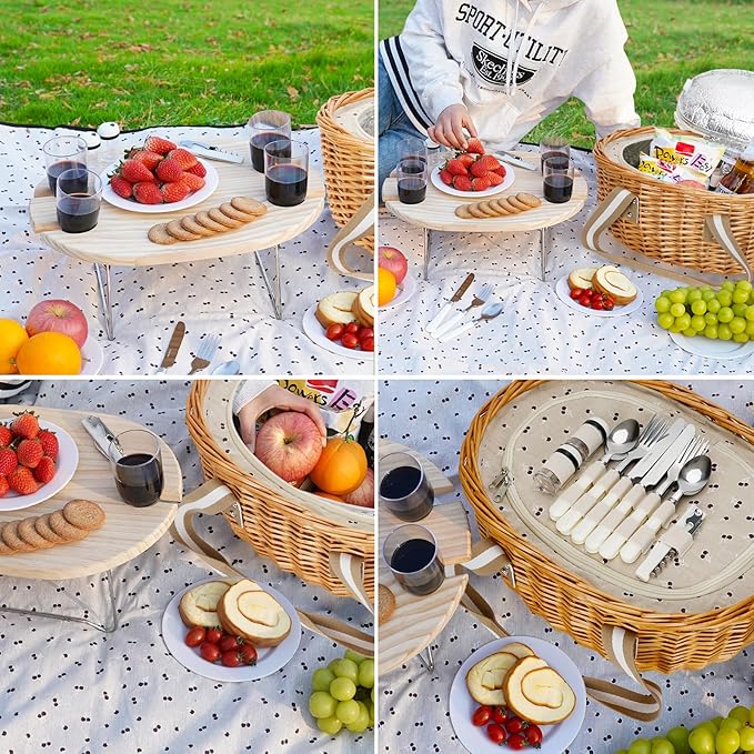 STBoo Picnic Basket for 4 - Wicker Picnic Set with Wine Table | Willow Basket Kit with Insulated Cooler Bag for Camping, Outdoor, Christmas, Party (Beige)
