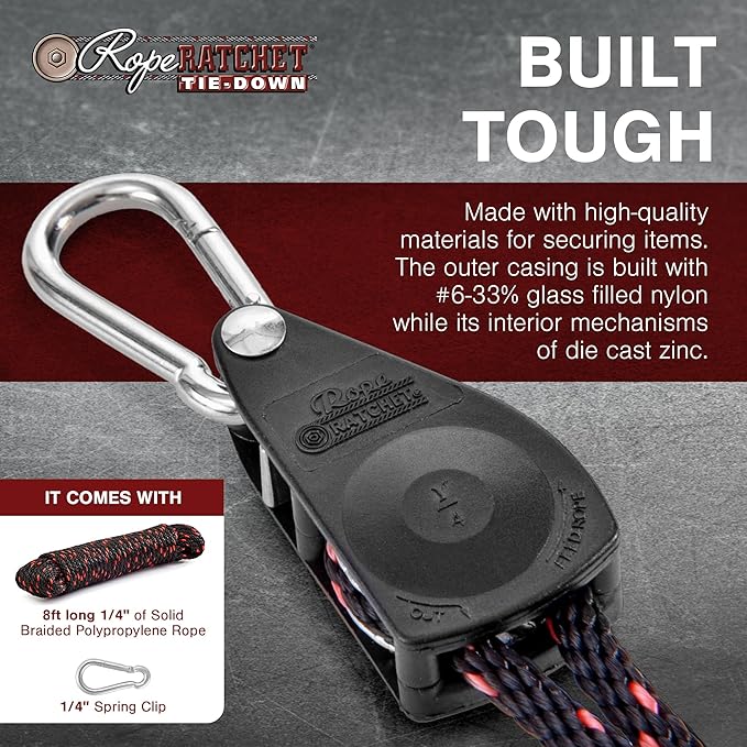 Rope Ratchet 1/4" Metal Rope Tie Down with Adjustable 8' Solid Braided Polypropylene Rope, Heavy Duty Cable Holds Up to 110 lbs Weight Capacity