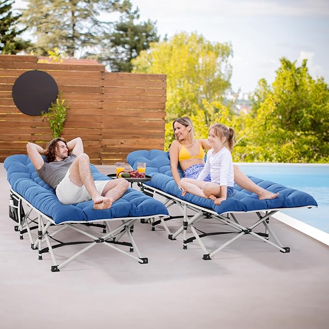 YITAHOME Camping Cots w/Mattress Portable Lounge Chair Outdoor Folding Cot Heavy Duty 575 LB Capacity 1200D Oxford w/Carry Bag Travel Camp Bed for Camping, Office, Traveling, Navy Blue